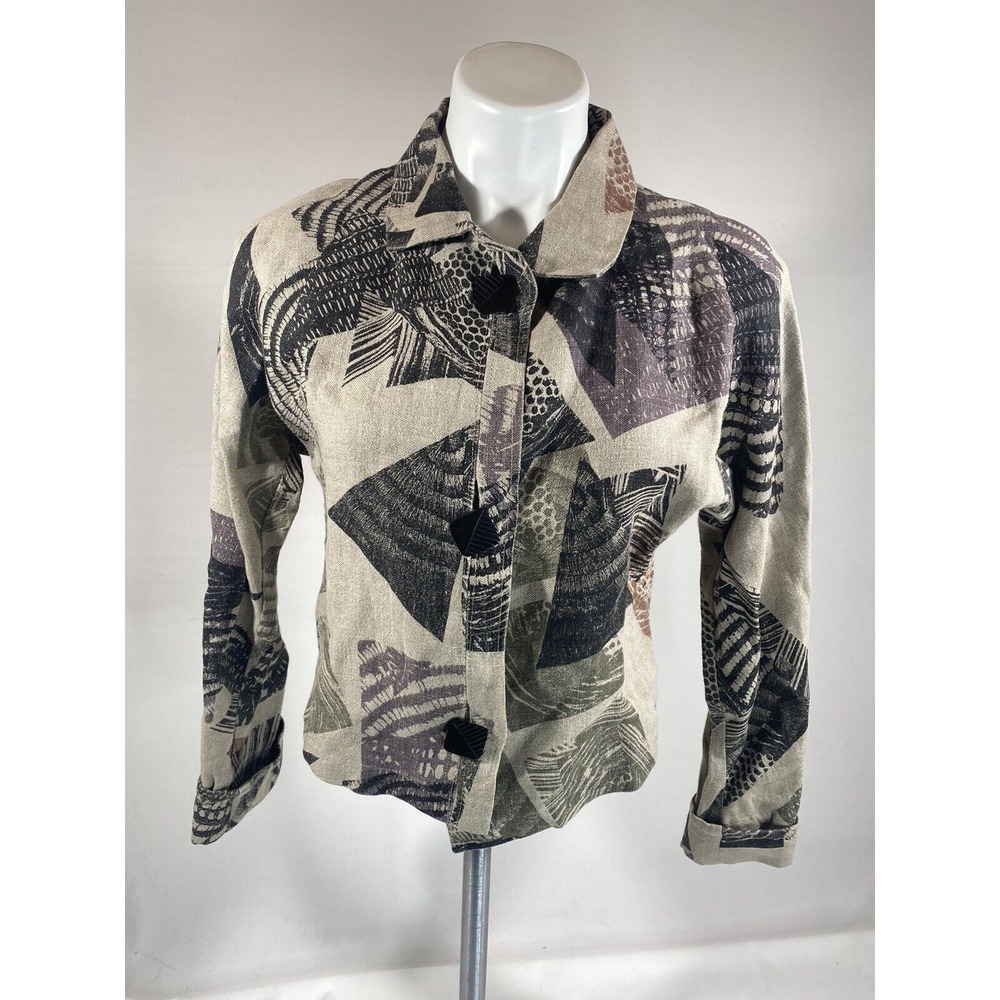 Peppa Womens Linen Shirt XS Boho Print Button Up Lightweight Summer Top